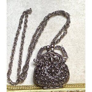 Vintage ART Arthur Pepper Silver Tone Filigree Purse Pendant Locket  22" Chain